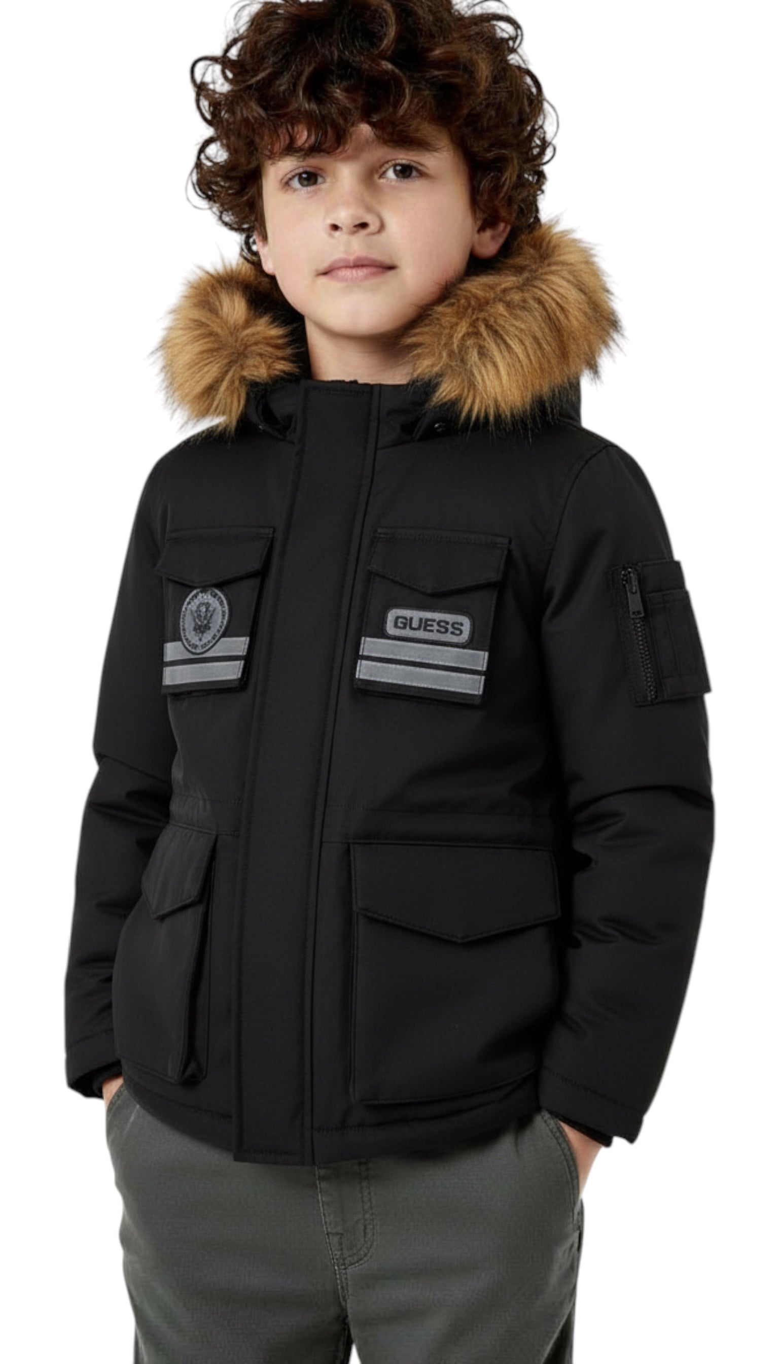 Parka garçon Hiver Noir à Capuche Fourrure Guess