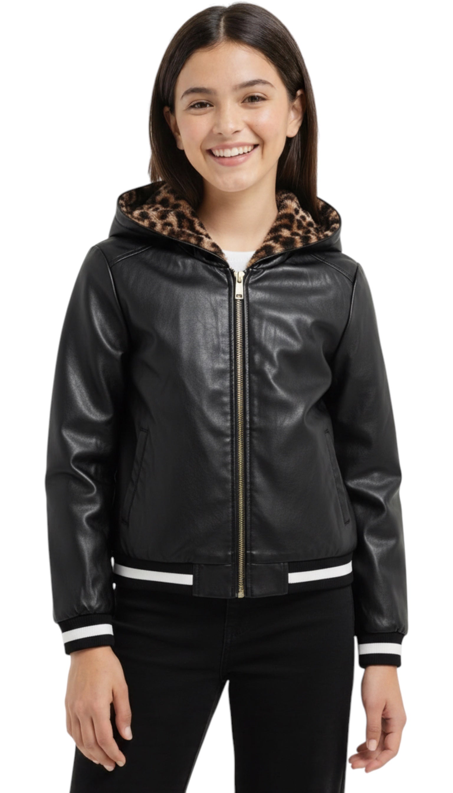 Veste fille reversible cuir/léopard Guess