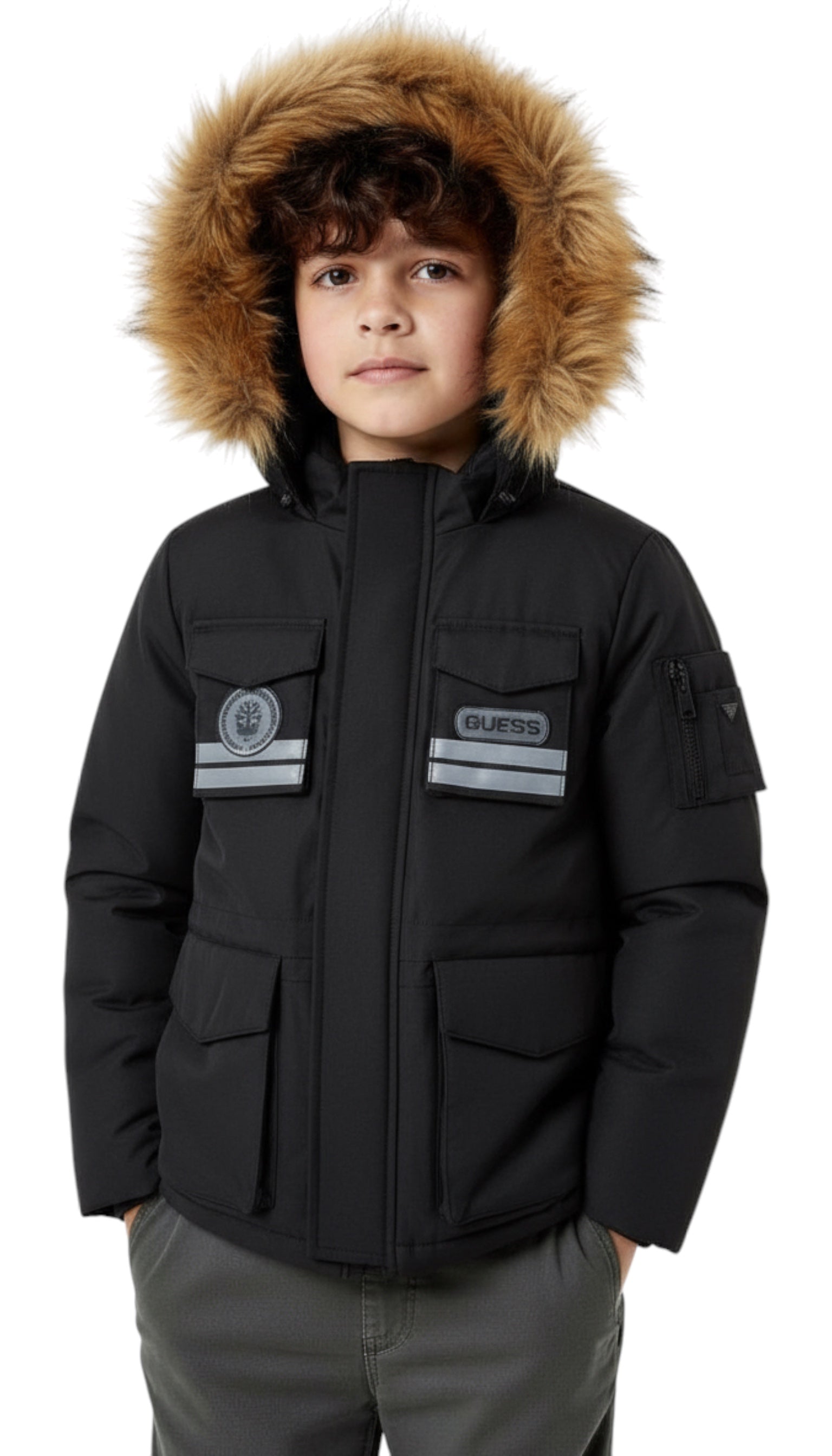 Guess Boys' Winter Parka, Black with Fur Hood
