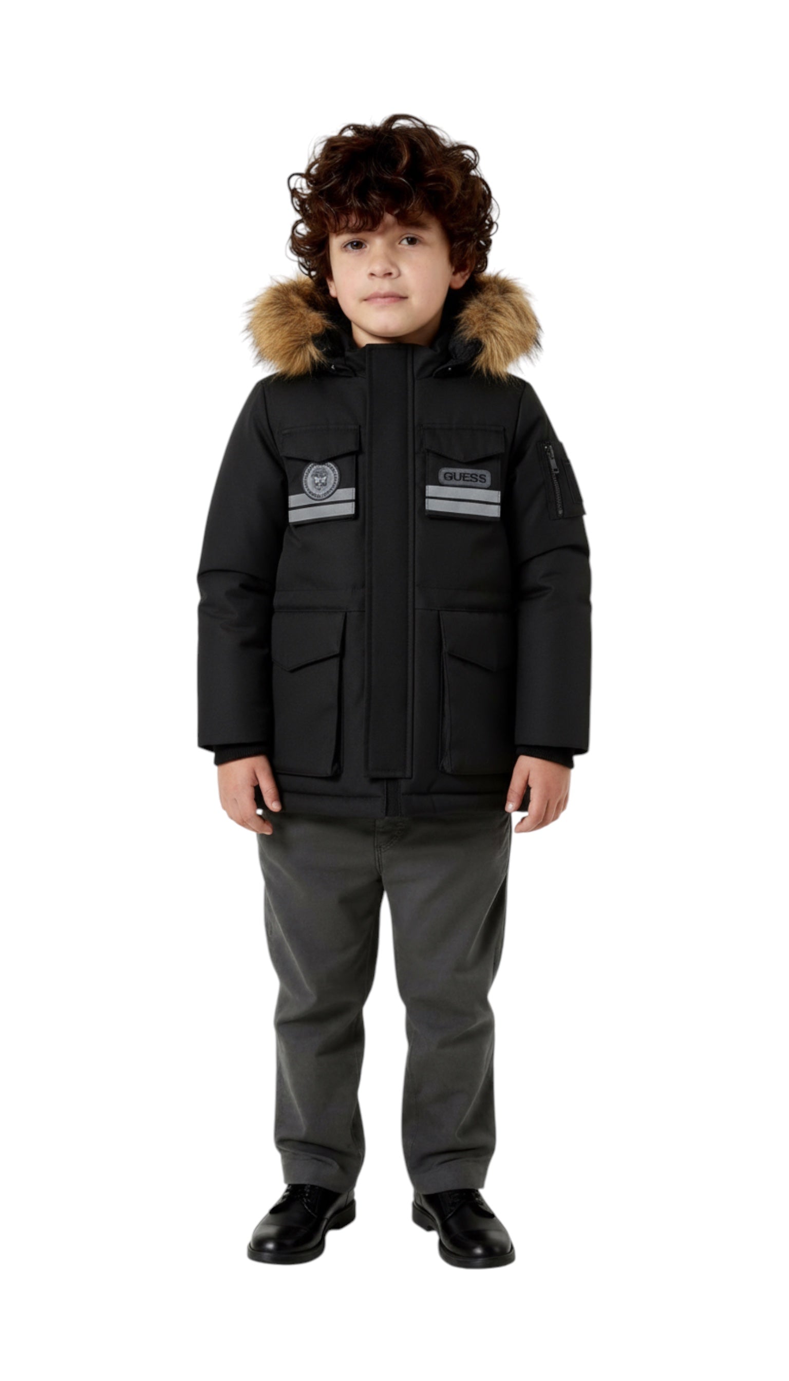 Parka garçon Hiver Noir à Capuche Fourrure Guess