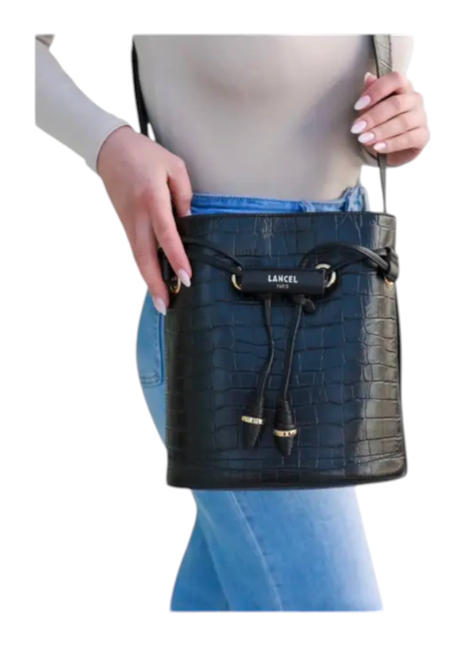 Geantă de mână din piele Le Huit bucket bag negru croco embosat Lancel