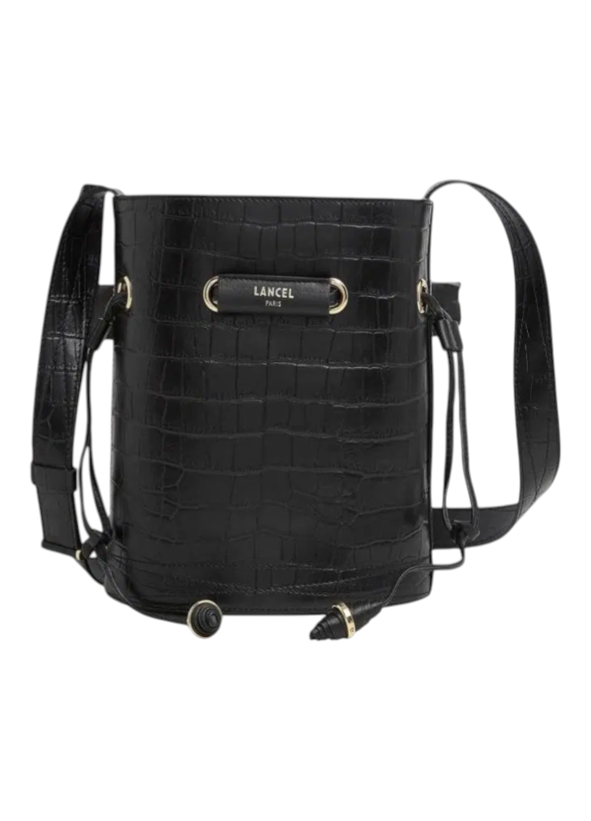 Leather handbag Le Huit bucket bag black croc-embossed Lancel
